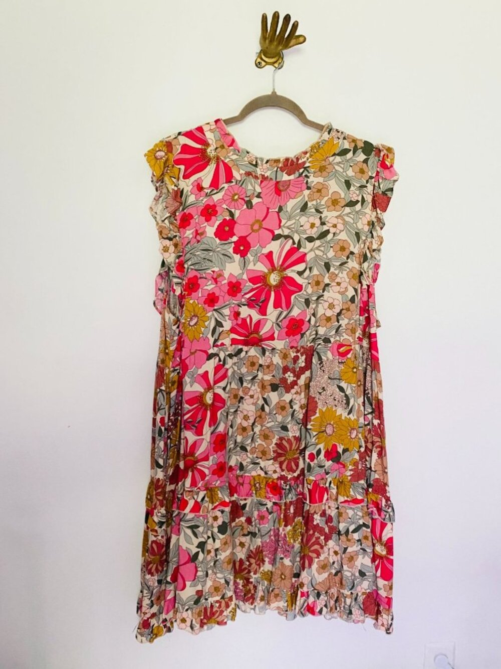 Floral Ruffle-Sleeve Boho 3X Midi Dress With Pink & Yellow Flower Print